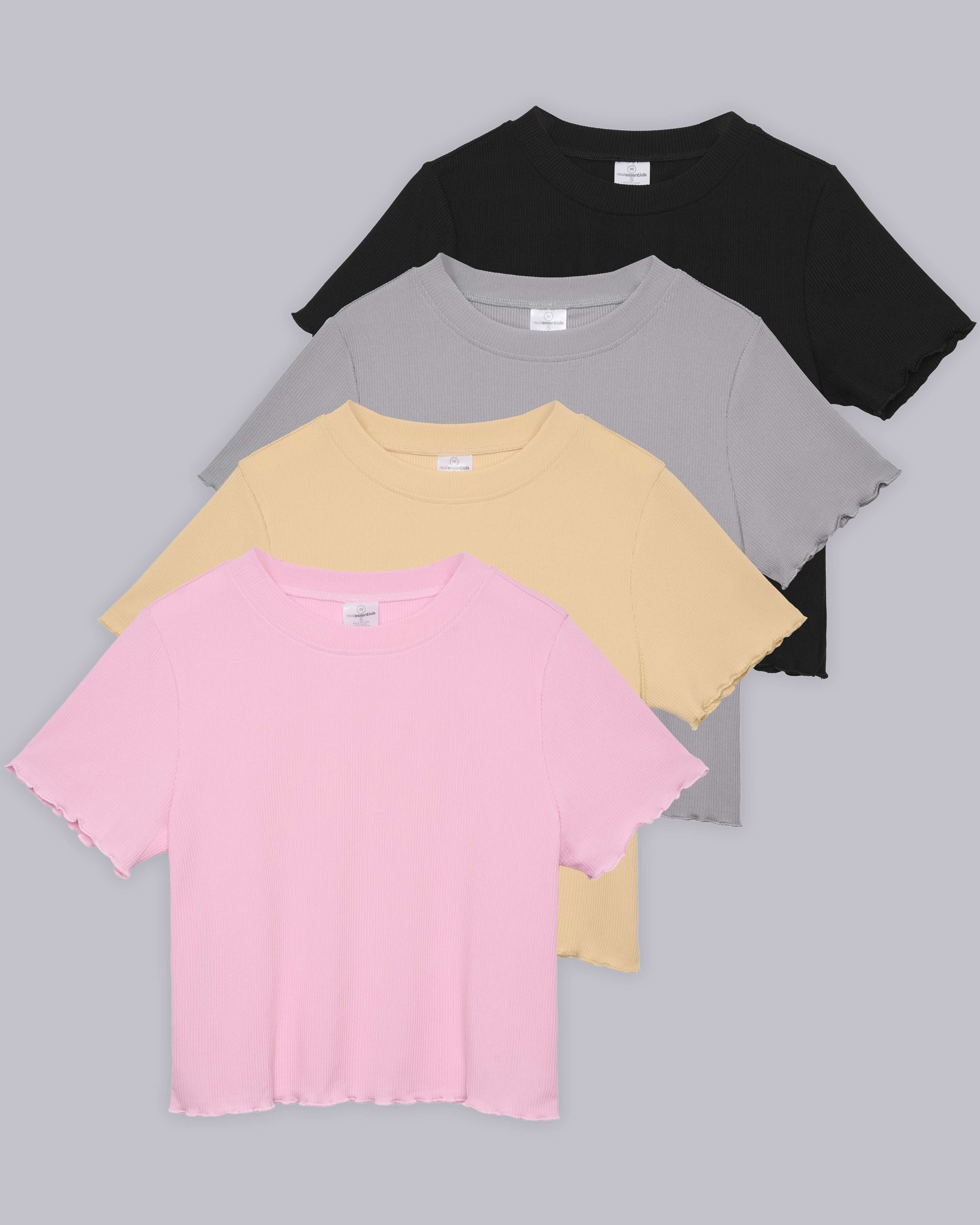 4 Pack: Women's Lettuce Trim Ribbed Knit Short Sleeve Crop Tops