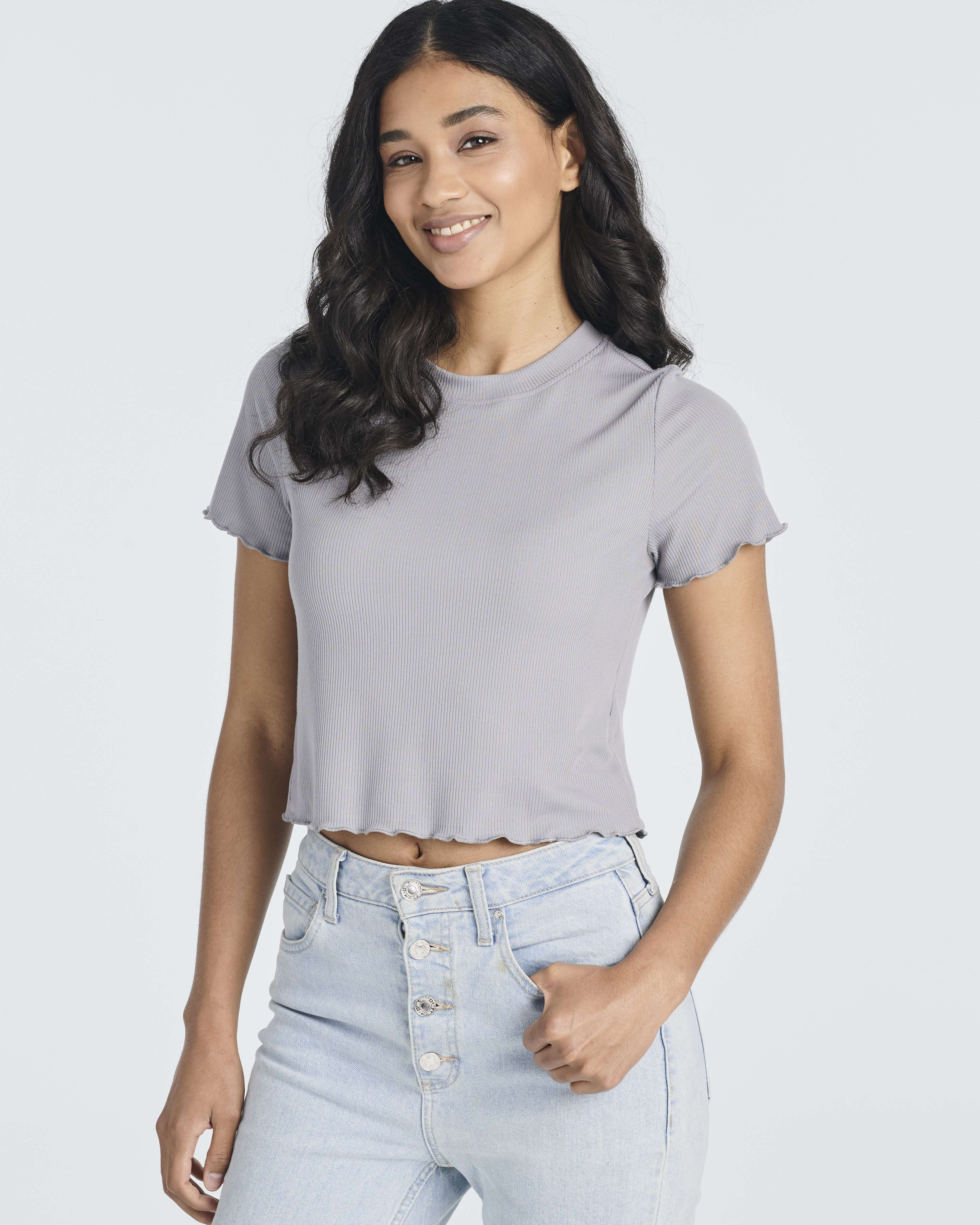 4 Pack: Women's Lettuce Trim Ribbed Knit Short Sleeve Crop Tops