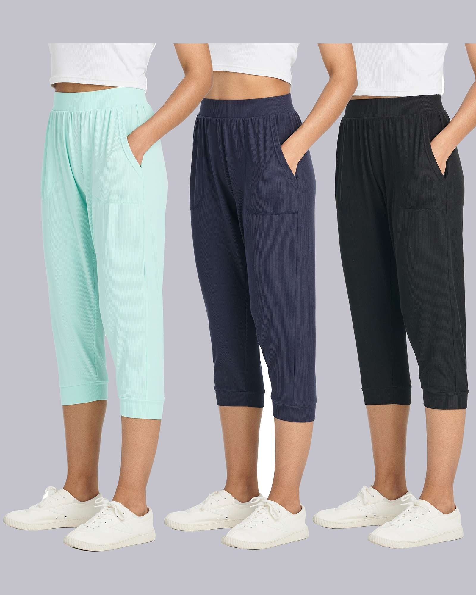 3 Pack: Women's Ribbed Capri Jogger Lounge Sweatpants