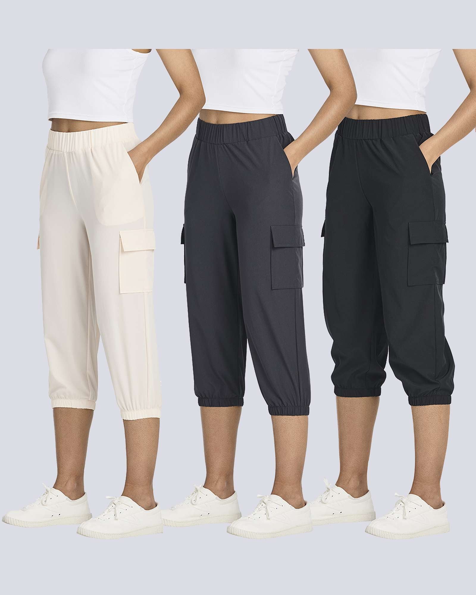 3 Pack: Women's Woven Cargo Capri Jogger Pants