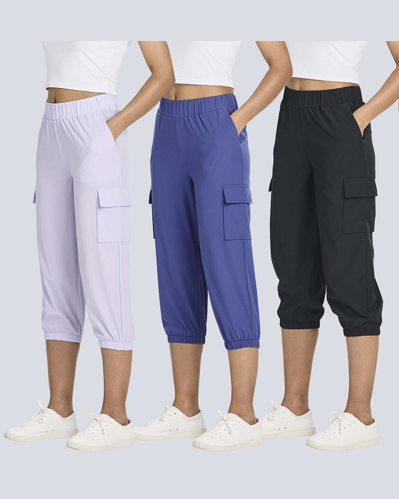 3 Pack: Women's Woven Cargo Capri Jogger Pants