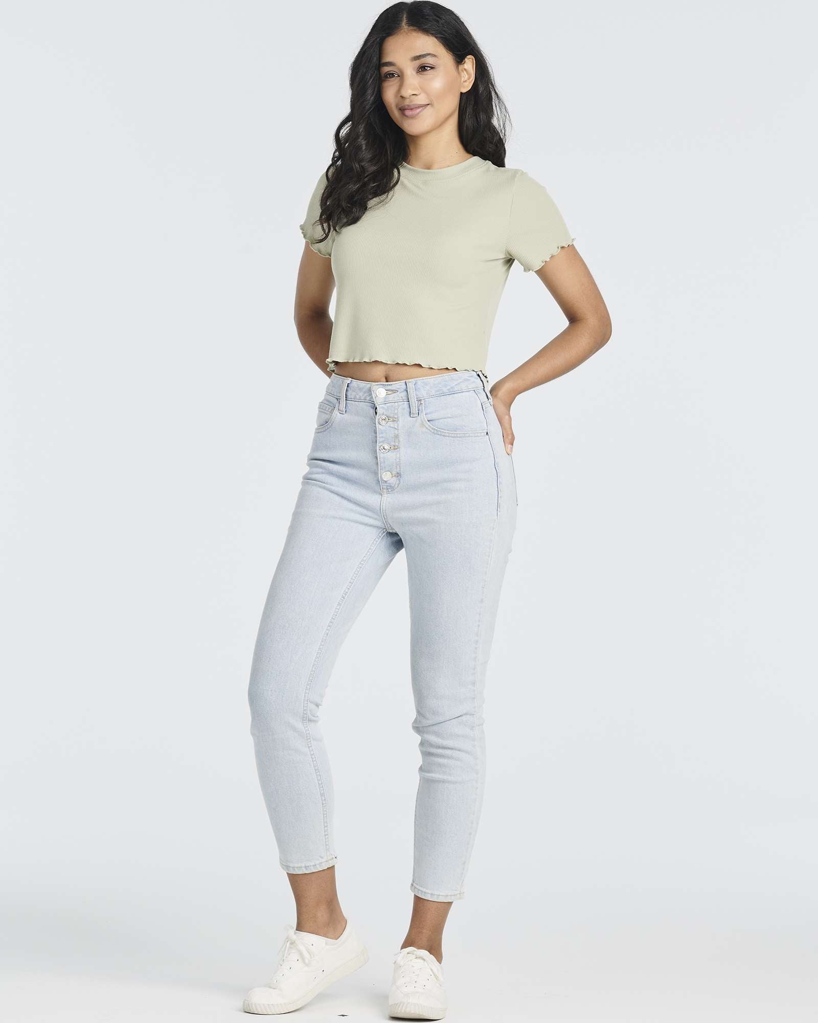 4 Pack: Women's Lettuce Trim Ribbed Knit Short Sleeve Crop Tops