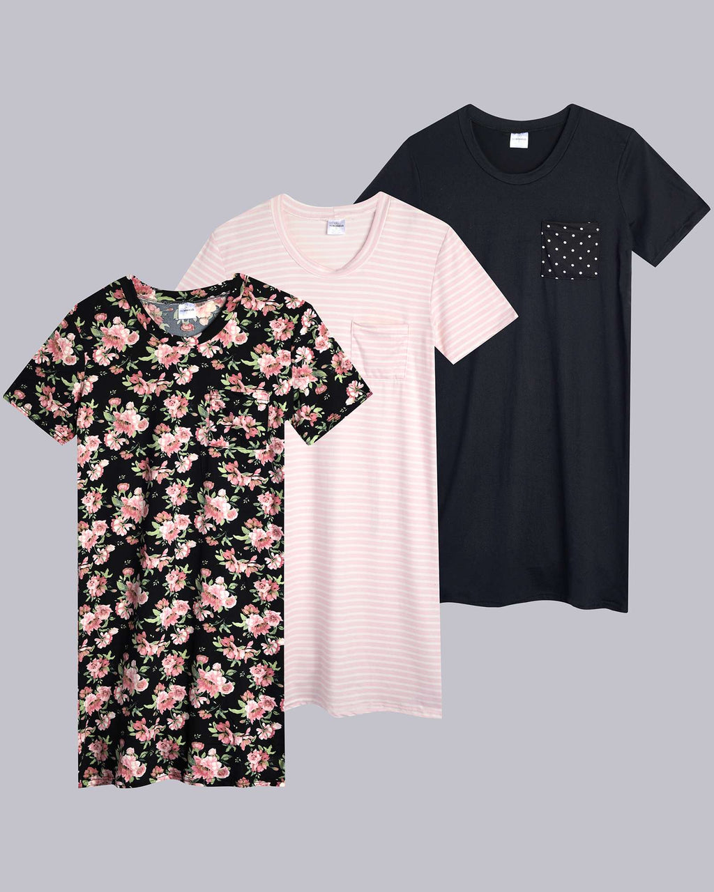 3 Pack: Womens Short-Sleeve Ultra-Soft Nightshirt Sleep Dress