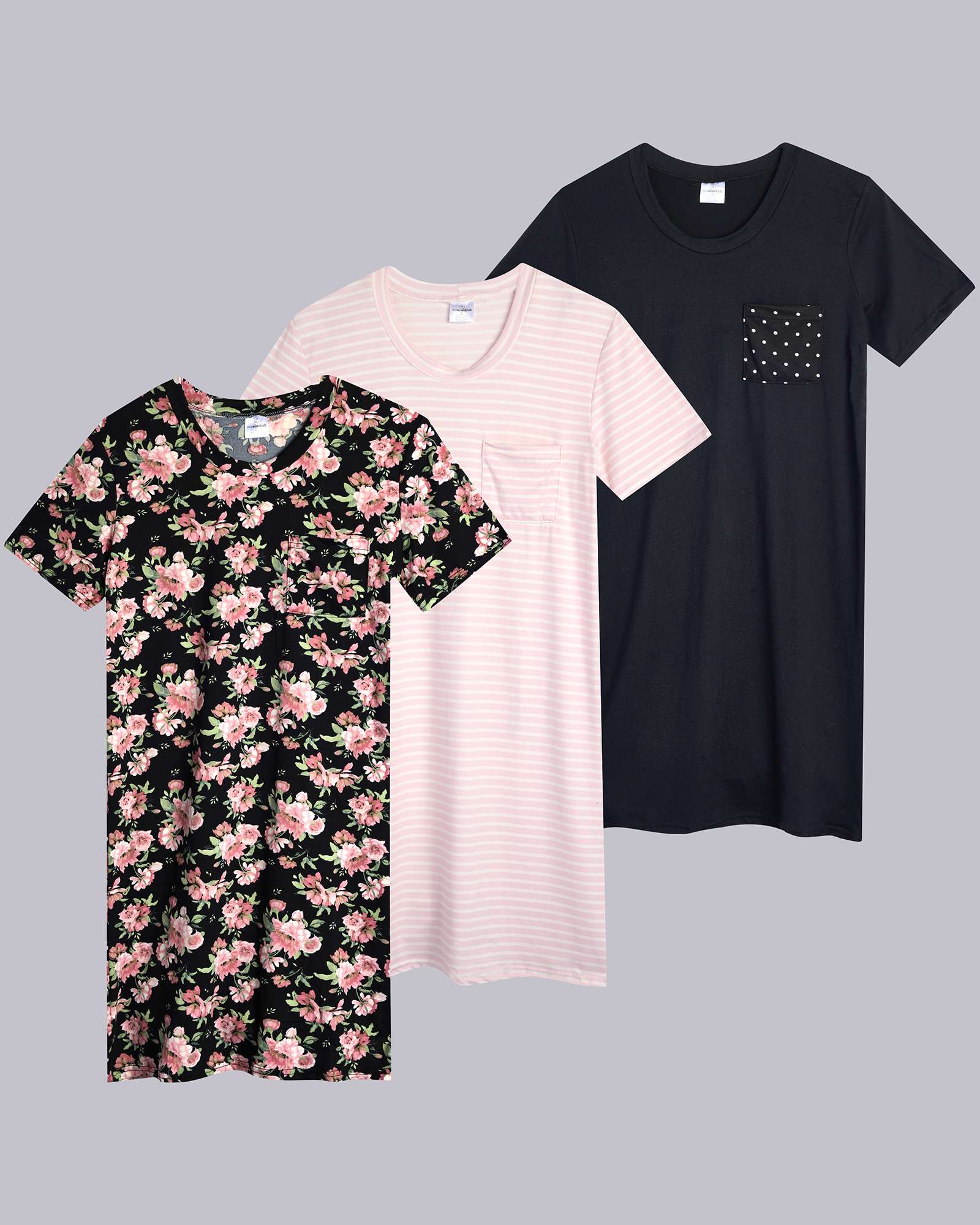 3 Pack: Womens Short-Sleeve Ultra-Soft Nightshirt Sleep Dress